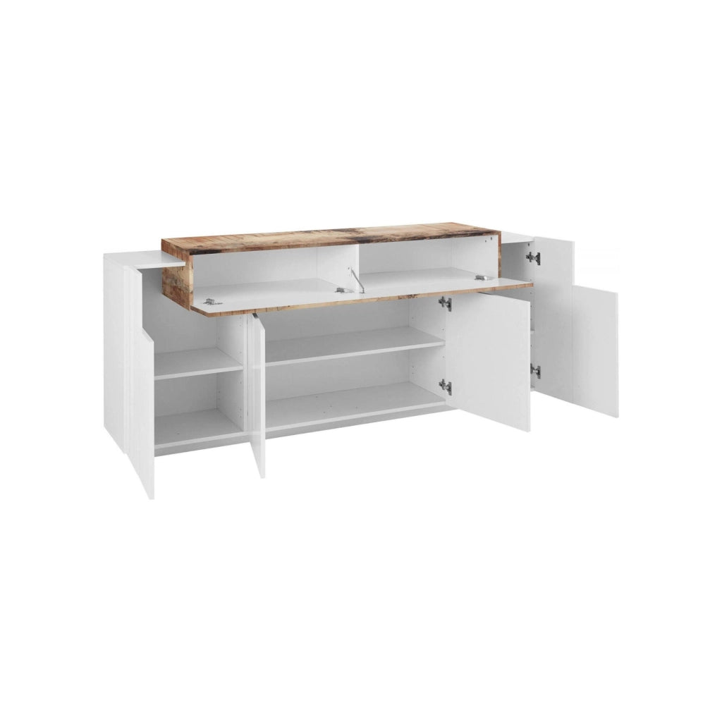 Credenza moderna a 5 Discordia, Made in Italy, Madia da cucina, Buffet di design da soggiorno, cm 200x45h86, colore Bianco lucido e Acero