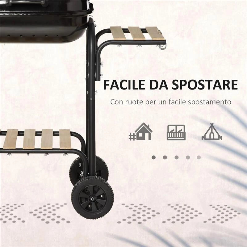 BARBECUE A CARBONE CON COPERCHIO RIPIANI E RUOTE COMPLETO DI SPATOLA PINZA E COLTELLO NERO