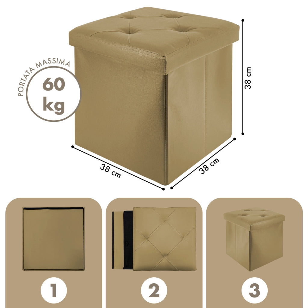 Pouf Poggiapiedi In Ecopelle 2 In 1 Contenitore 38x38Cm Quadrato Salotto Sgabello Camera Soggiorno Portaoggetti Design Moderno Complemento D'arredo Portaoggetti Panca Ingresso  Tortora