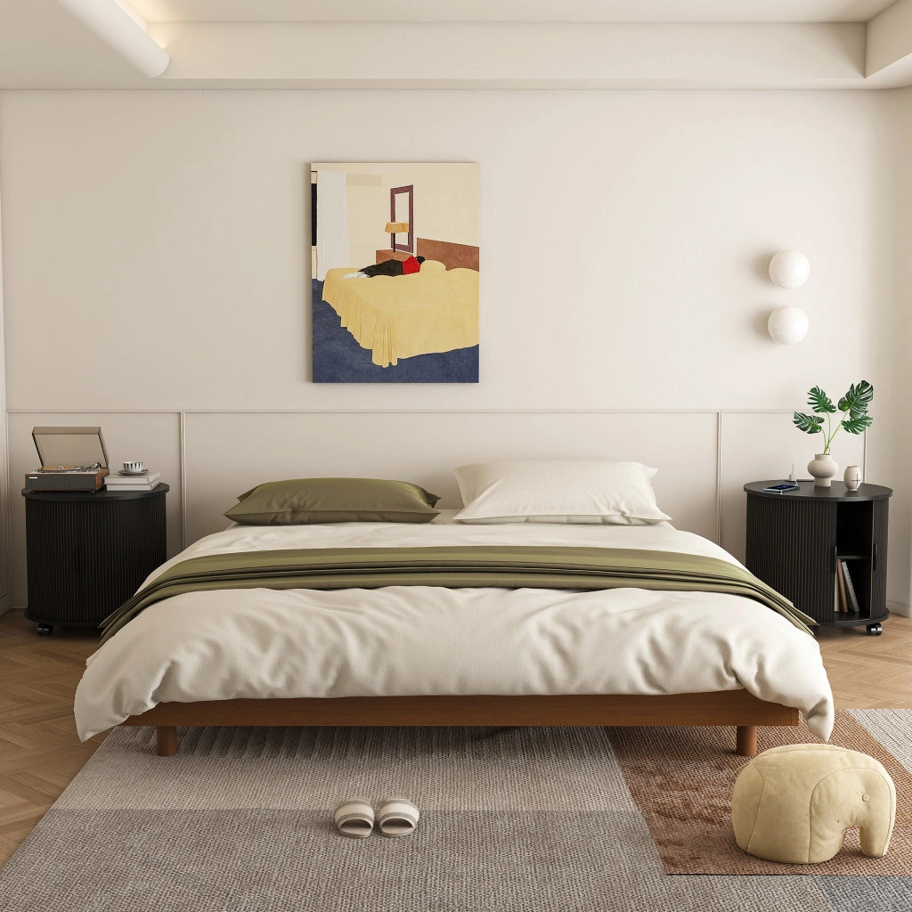 Comodino cilindrico stile mid-century con presa e 2 porte USB, anta scorrevole e vano contenitore, nero, 60 × 60 × 60 cm