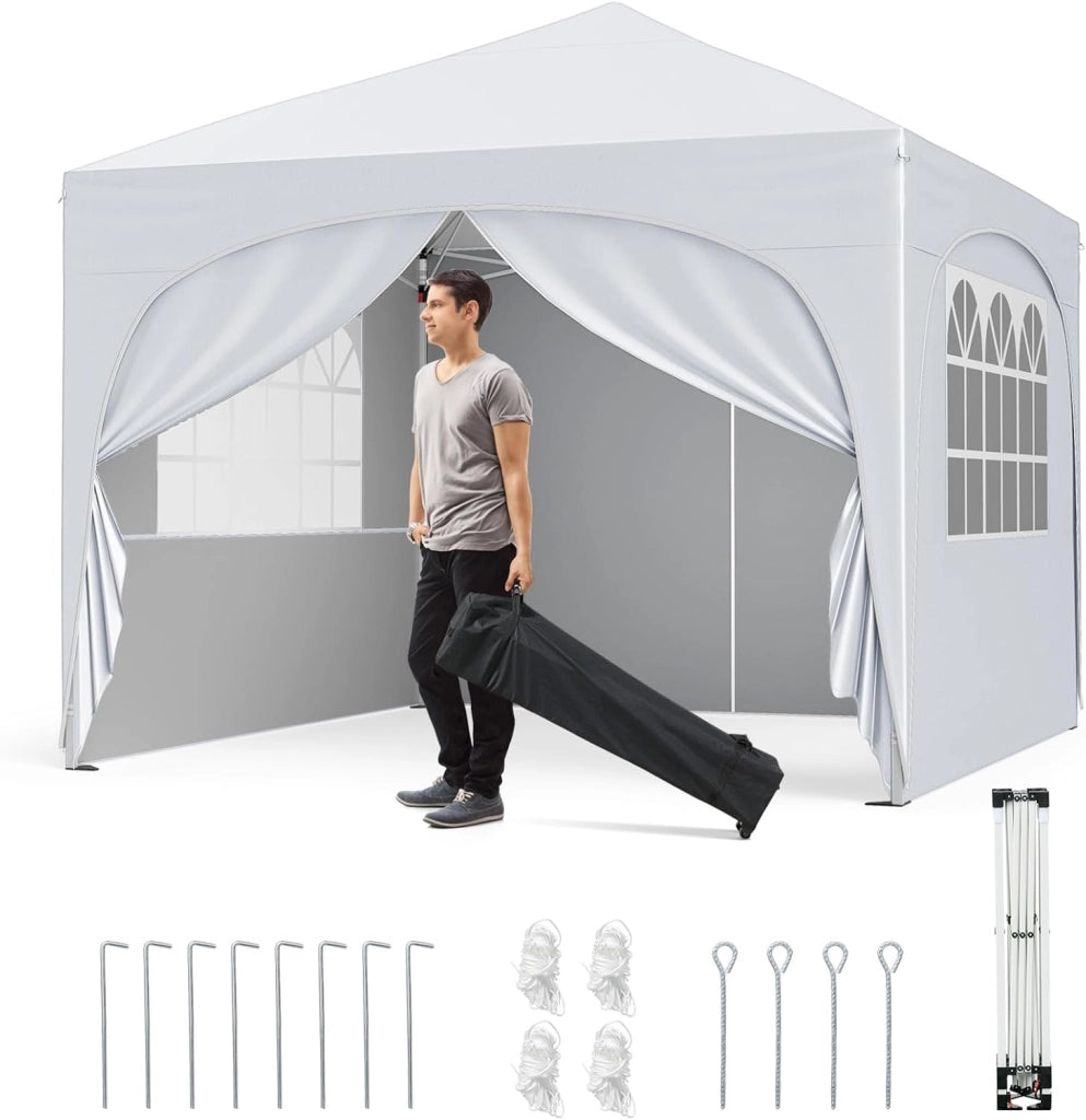 Gazebo Piehevole da Esterno 3 x 3 m, Gazebo Regolabile in Altezza con Pareti Rimovibili, Borsa con Ruote, Picchetti, Ancoraggi, Corde Vento e Sacchi di Sabbia, Tendone per Giardino (Bianco)