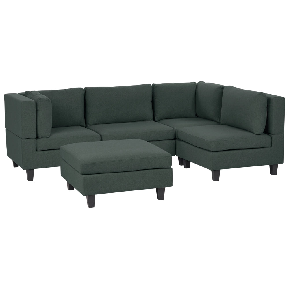 Divano componibile a 4 posti imbottito in tessuto verde scuro gambe nere lato sinistro con ottomana stile moderno