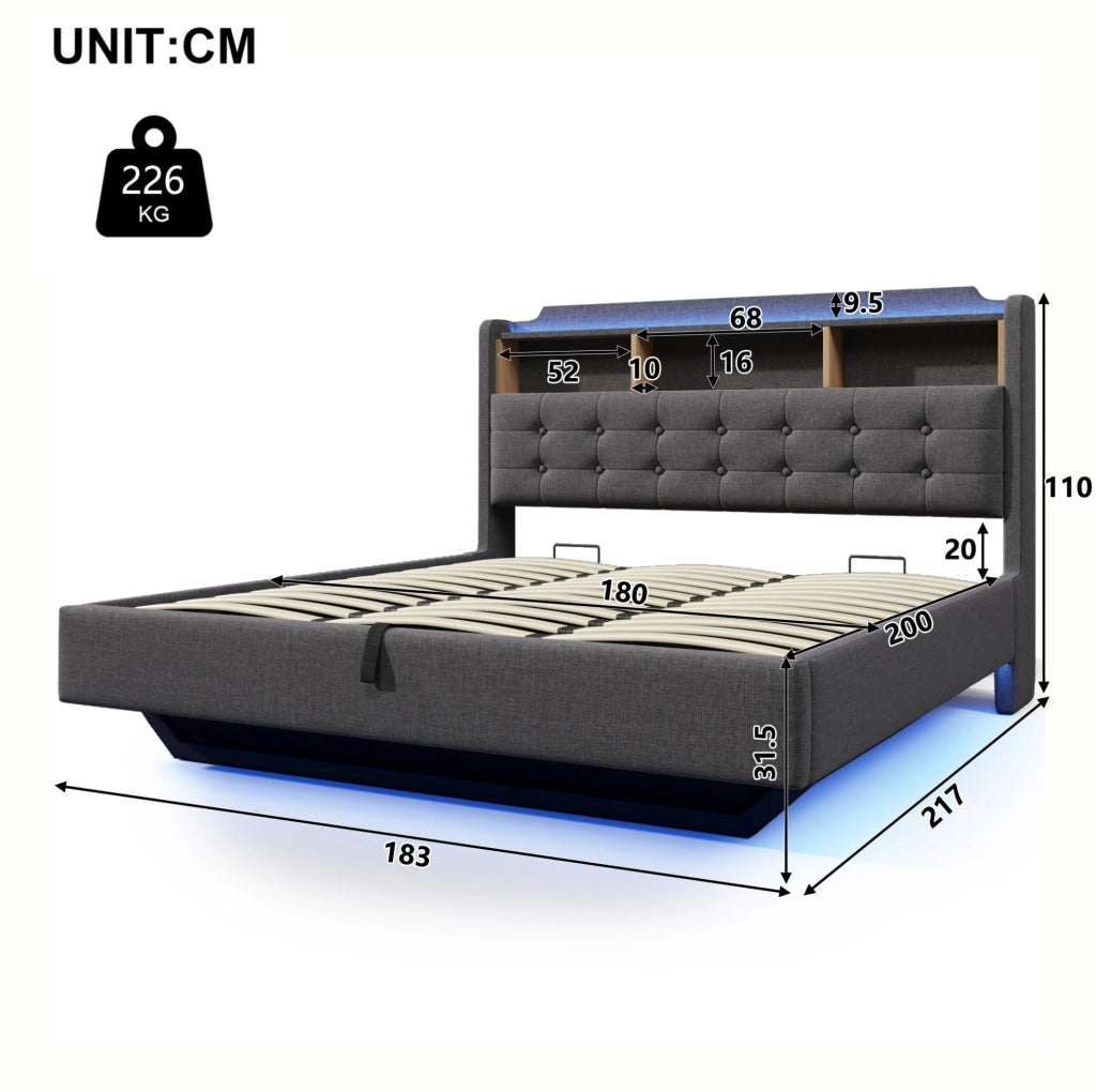 Letto imbottito 180x200 cm con illuminazione LED; contenitore idraulico; in lino e MDF; grigio