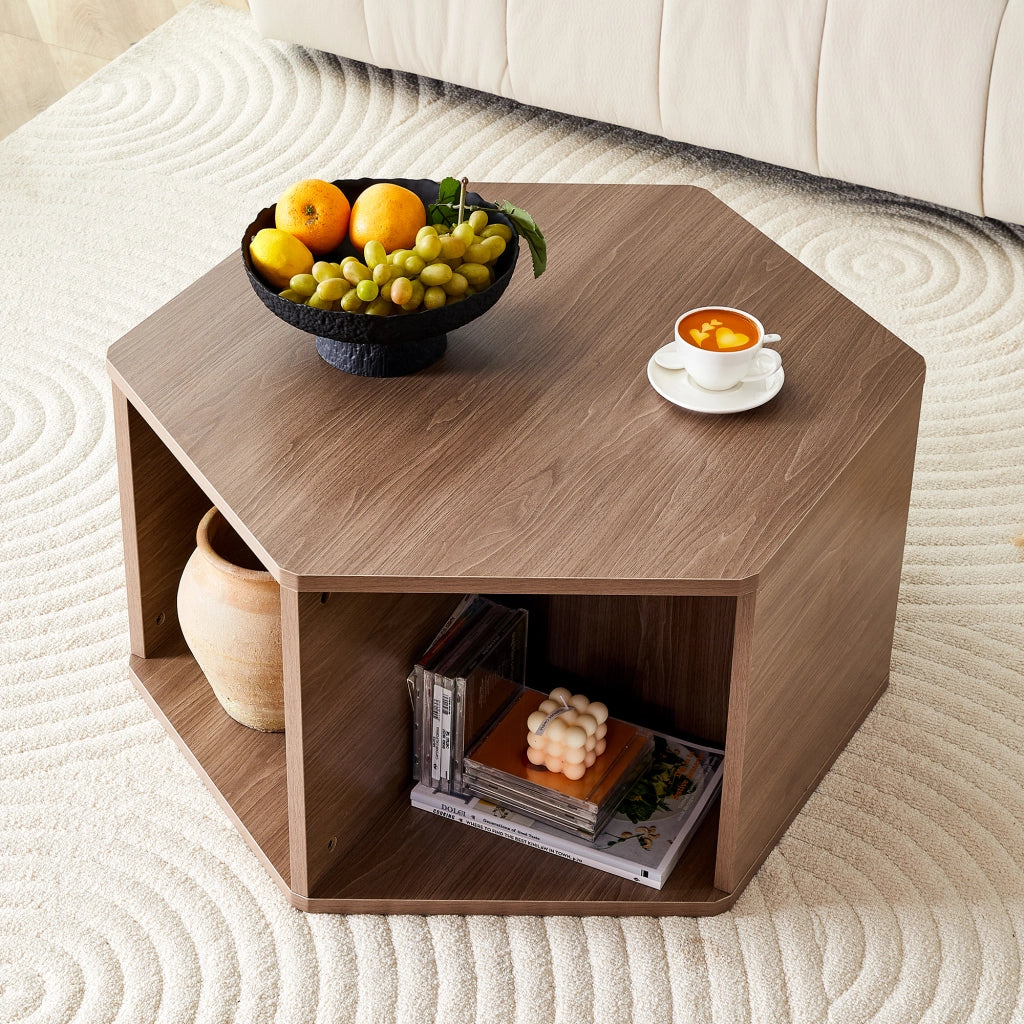 Tavolino da caffè esagonale con montaggio rapido - per soggiorno - 79x69.4x40 cm - in MDF - marrone