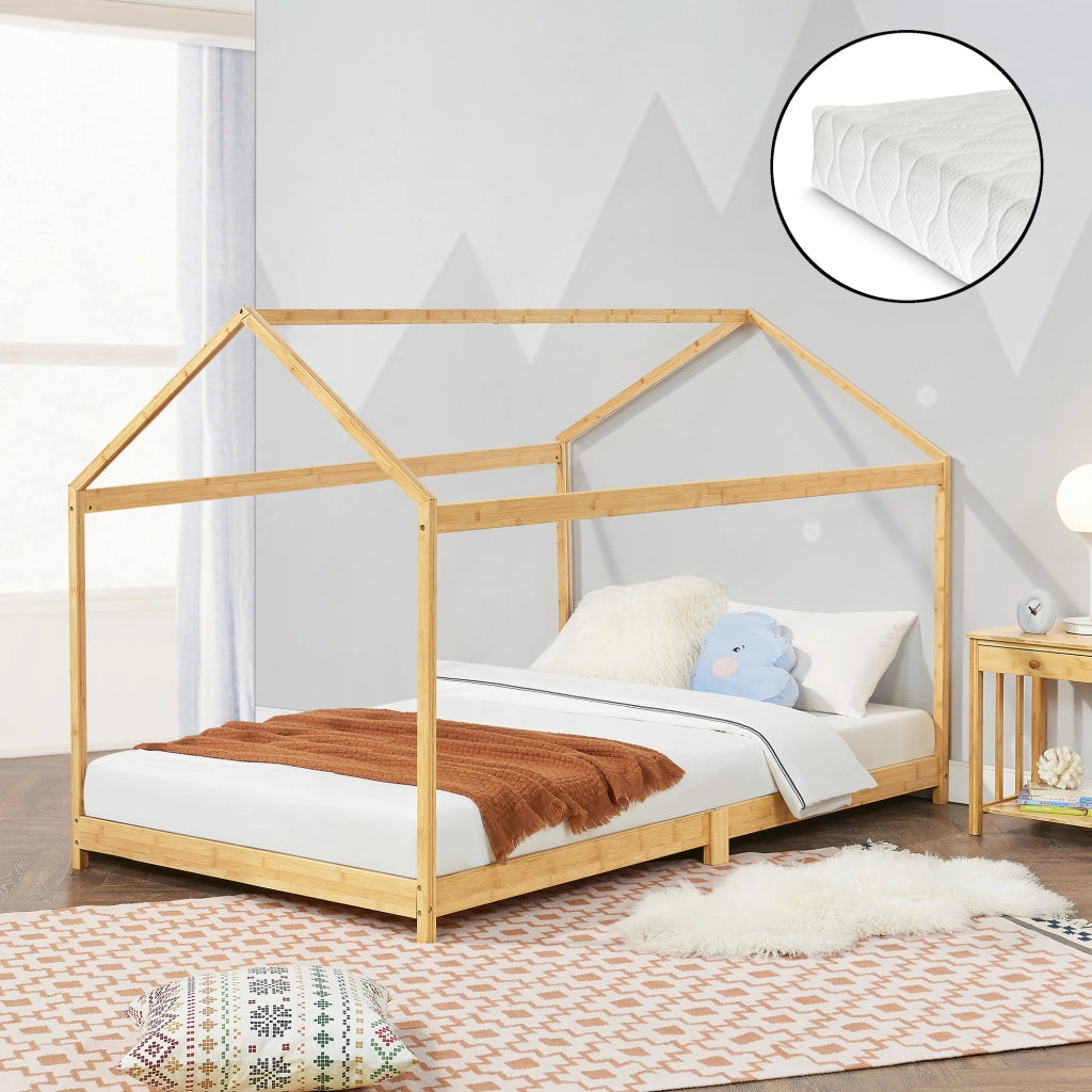 Letto per Cameretta ’Vindafjord’ a Forma di Casetta con Materasso 90x200 cm Bambù Naturale [en.casa]