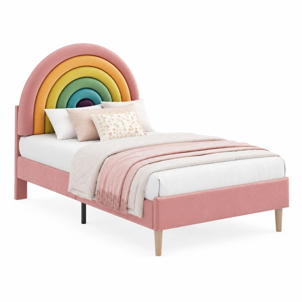Letto imbottito 90x200 cm in velluto rosa con rete a doghe, testiera regolabile e struttura stabile