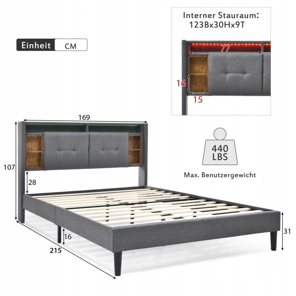 Letto imbottito 160x200 grigio - Xylo - con USB e LED