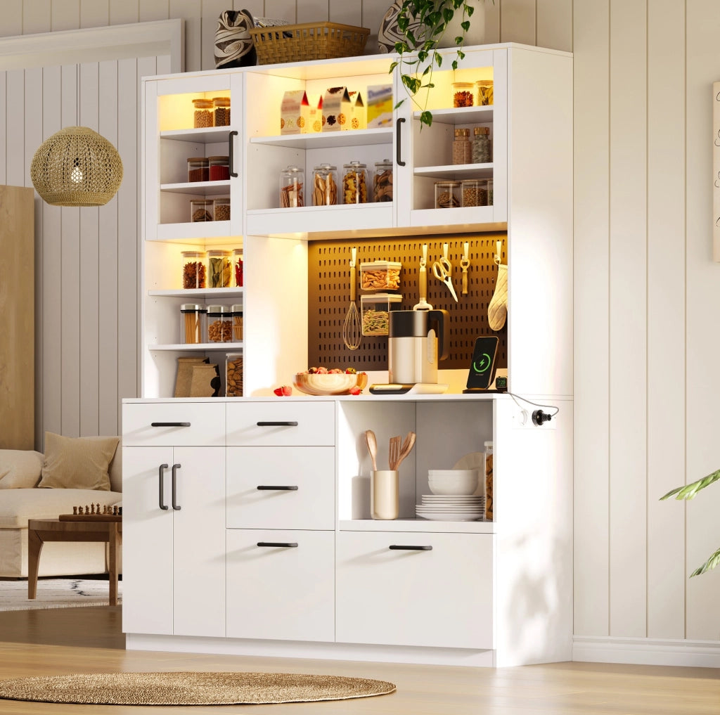 Mobile cucina con illuminazione LED; 5 cassetti e ripiani regolabili in MDF bianco
