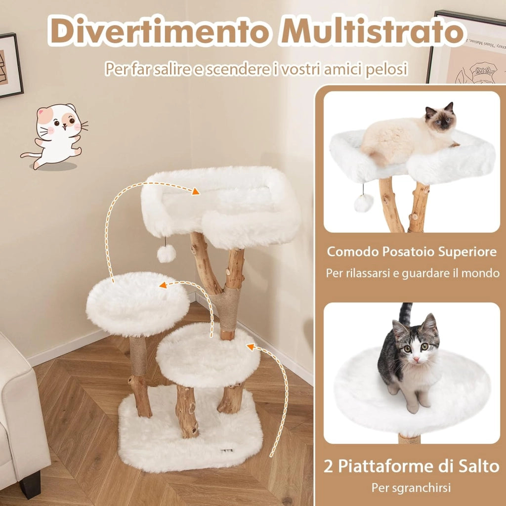Tiragraffi per Gatti in Legno 110cm, Albero Tiragraffi con Pali in Corda di Juta Naturale e Palla Pendente, Torre Moderna per Gatti da Interno, Bianco e Naturale