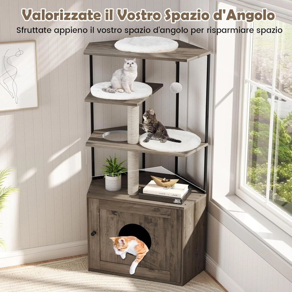 Mobile per Lettiera per Gatti, Mobile Nascosto per Gattini con 2 Tiragraffi e 3 Tappetini, Foro per Gatto, Struttura in Metallo e Pallina Appesa, Albero per Gatti in Legno da Interno