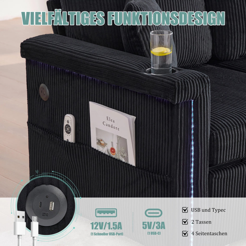 DIVANO Modulare 194x73x81 cm Nero in tessuto con LED e USB