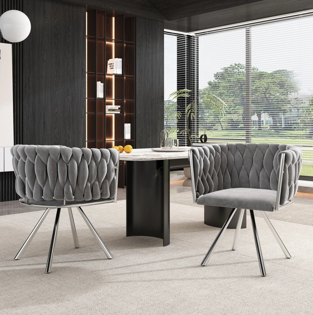 Set di 4 sedie da pranzo girevoli in velluto grigio e argento