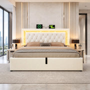 DESMIU Letto contenitore 180 × 200 cm 2 posti con LED, USB e USB-C, testiera regolabile, senza materasso, in velluto, beige