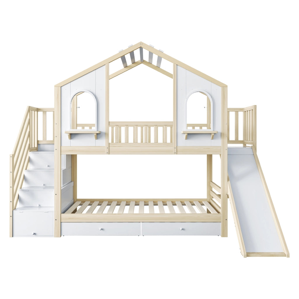 Letto a Castello 90x200 cm; 2 Posti; con Scivolo; Scala Contenitore e Mensole