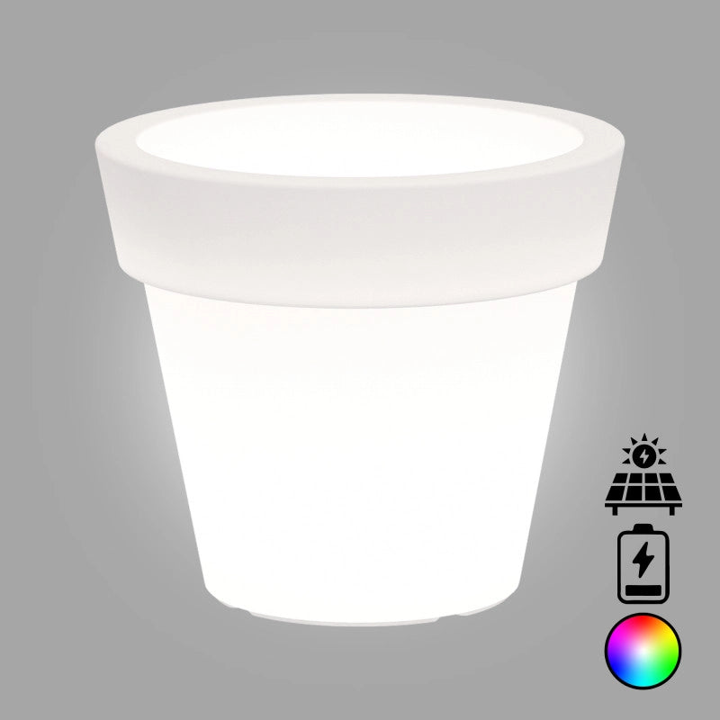 Vaso luminoso moderno di design Ø110 H95 in polimero resistente con LED multicolor con bateria e solare per interno ed esterno - Made in Italy