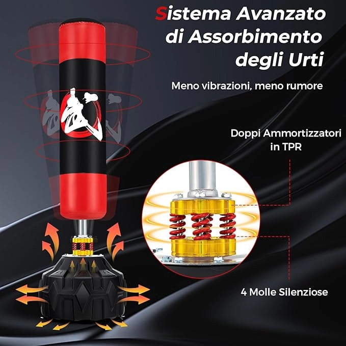 Sacco da Boxe da Terra, Pungiball Autoportante con Base Riempibile, 12 Ventose e Ammortizzatori per Adulti e Adolescenti, Punching Ball in Piedi per Allenamento in Casa e Ufficio
