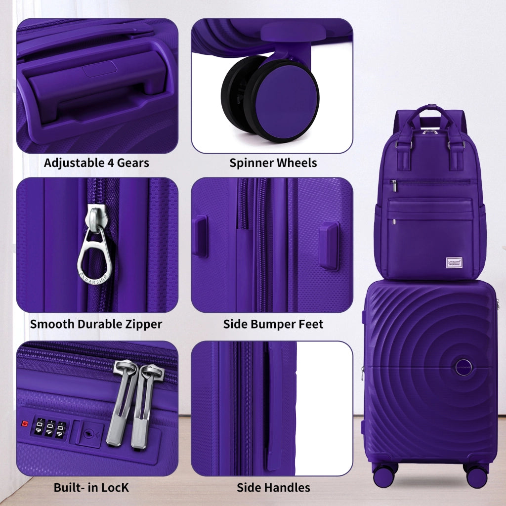 Set di valigie leggere da 3 pezzi, bagaglio a mano espandibile in PP da 20 pollici con ruote, colore viola uva.