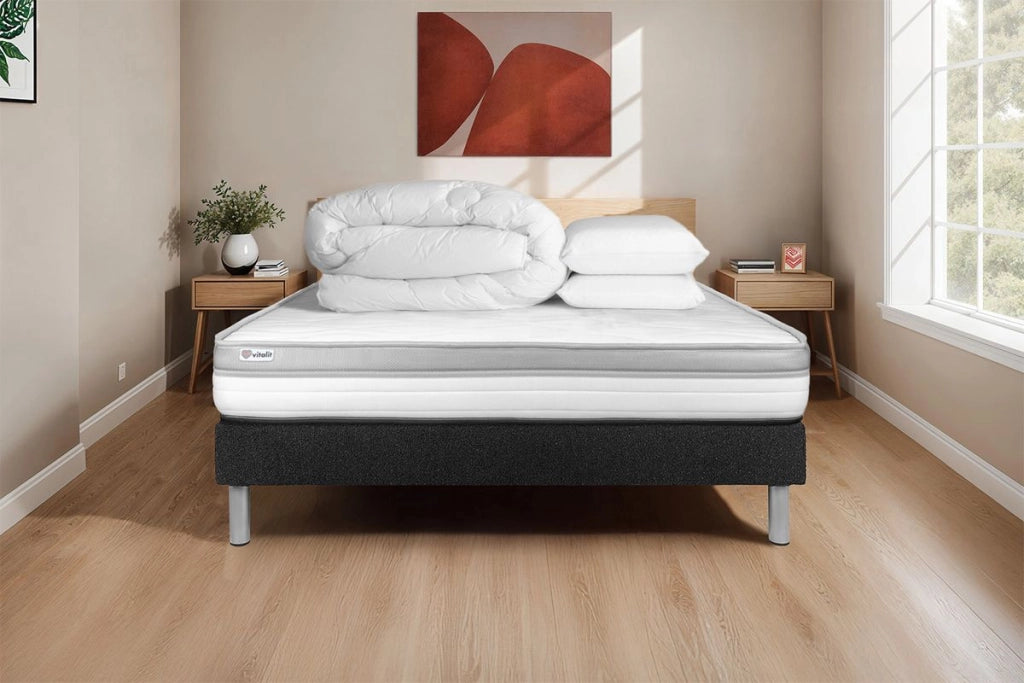 Pacchetto letto completo - Materasso 140x190cm + Box spring con doghe (in kit) + 2 cuscini + Piumino - Vital Relax
