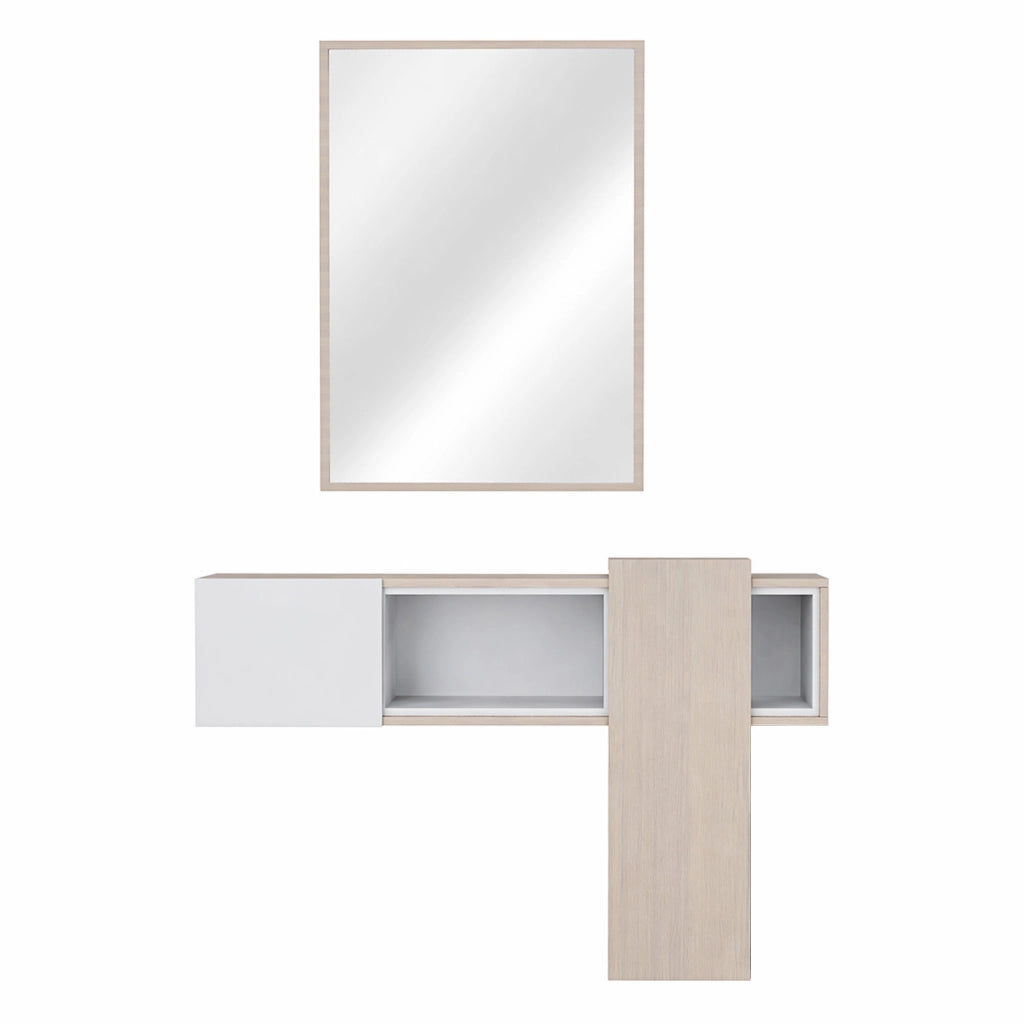 Mobile Da Ingresso Con Mensola Sospesa Specchio E Ripiani Scorrevoli Mobiletto Arredo Per Sala 100 X 31.5 X 75 Cm Bianco E Rovere
