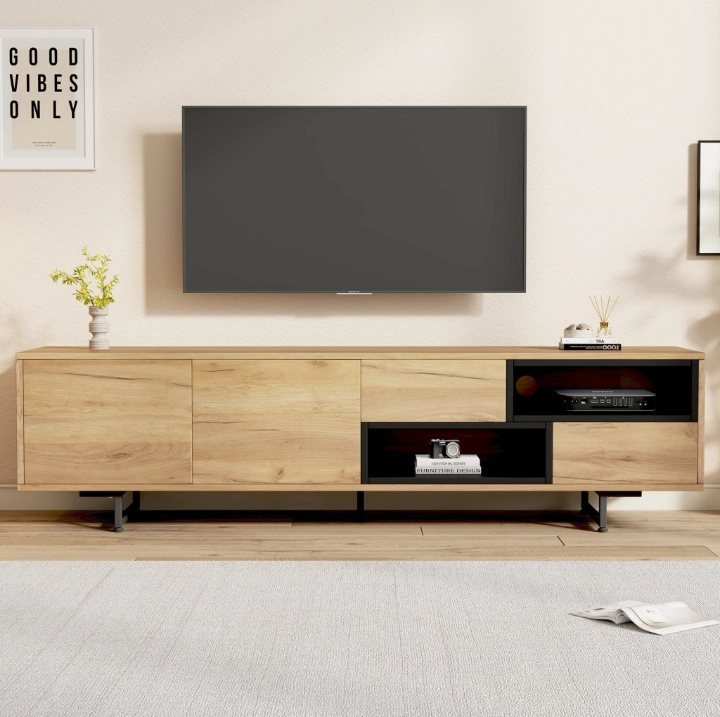 Mobile TV in truciolare effetto legno 173x38x48 cm; con vani aperti; ante e cassetti