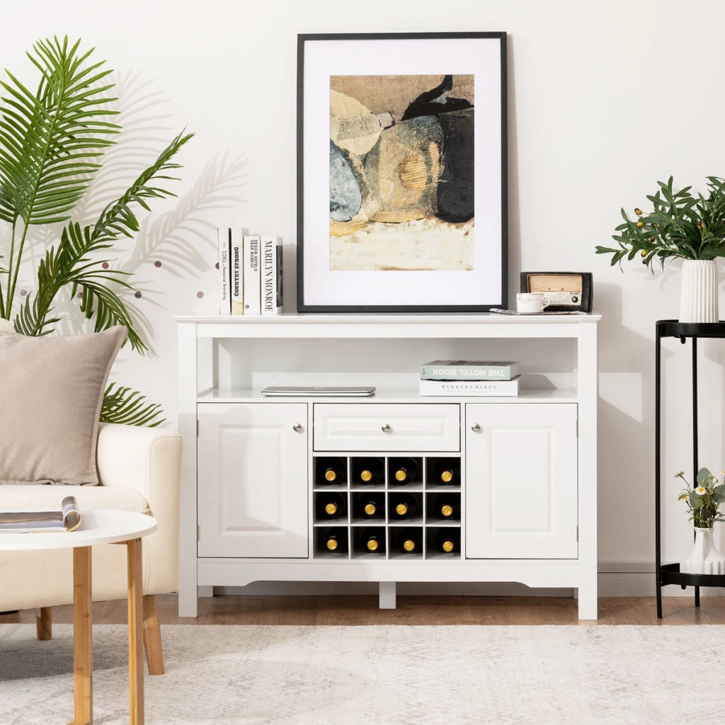 Credenza per cucina con porta bottiglie di vino a forma incrociata-Mobile da cucina con mensola aperta Bianco