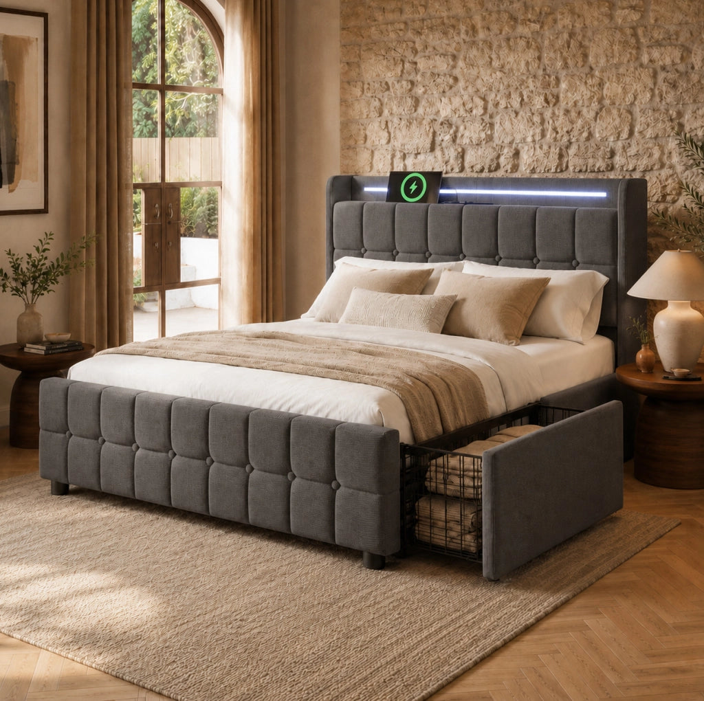 Letto matrimoniale 160x200 cm con USB, LED e 4 cassetti