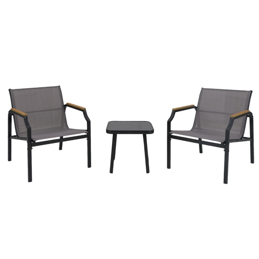 Set da giardino a 3 pezzi poltrona e tavolo, Sedile in tessuto traspirante e braccioli in legno-plastica Grigio