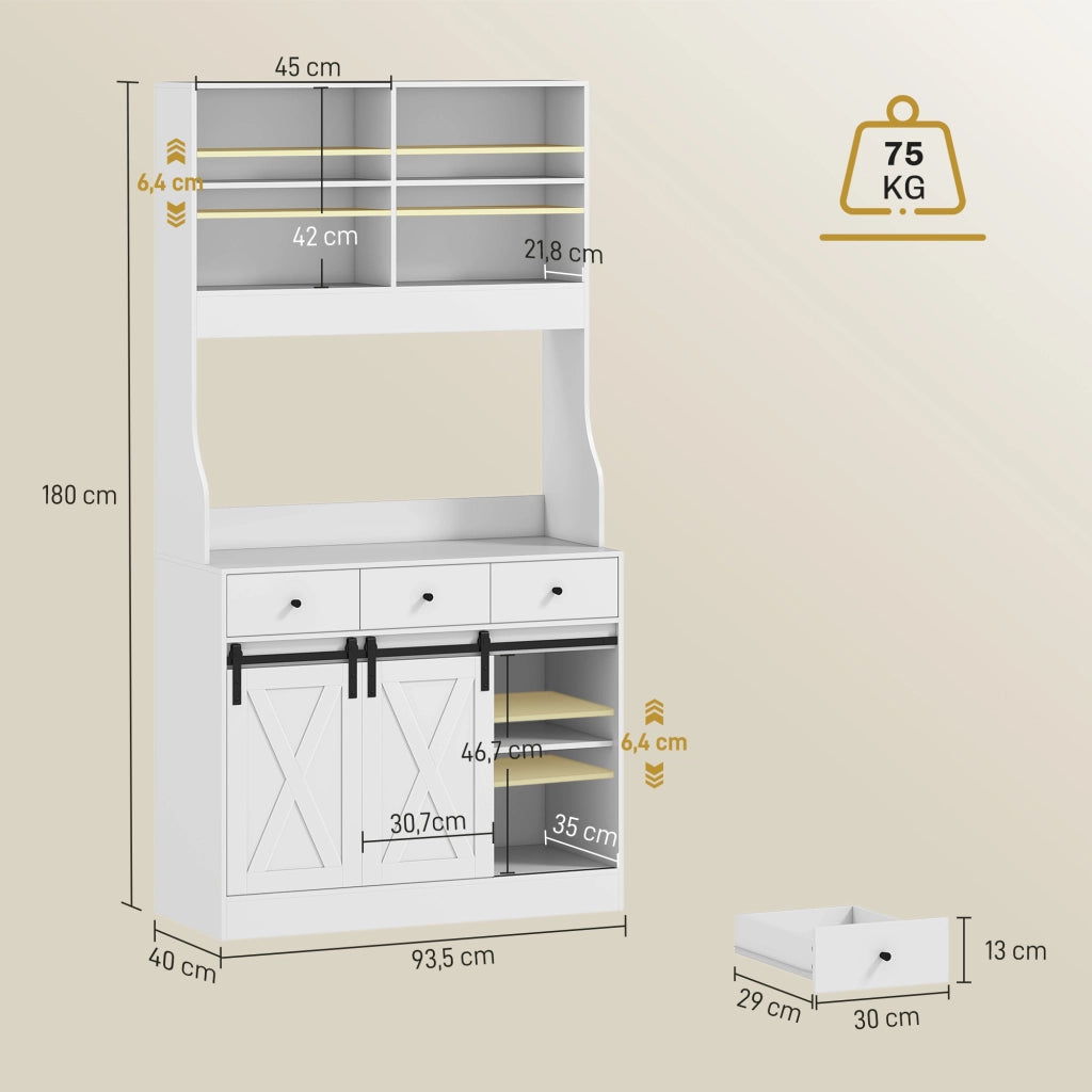 Armadio Cucina con 2 Ante Scorrevoli 3 Cassetti e Ripiani ¨C Zephmum ¨C Bianco 93.5x40x180cm
