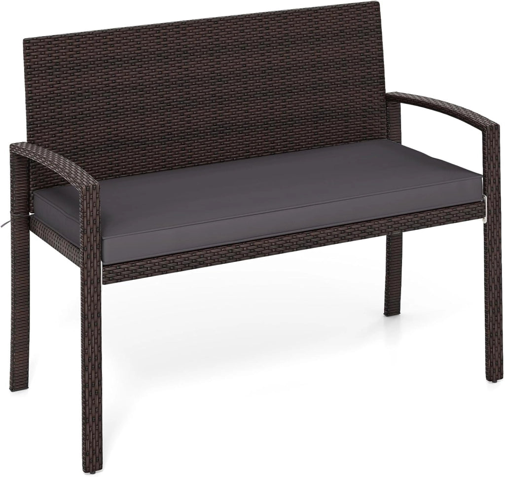 Panchina da Esterno in Rattan PE 110 x 56 x 84 cm, Panchina da Giardino con Morbido Cuscino, Schienale e Braccioli, Poltrona per Veranda, Balcone e Ingresso (Grigio)