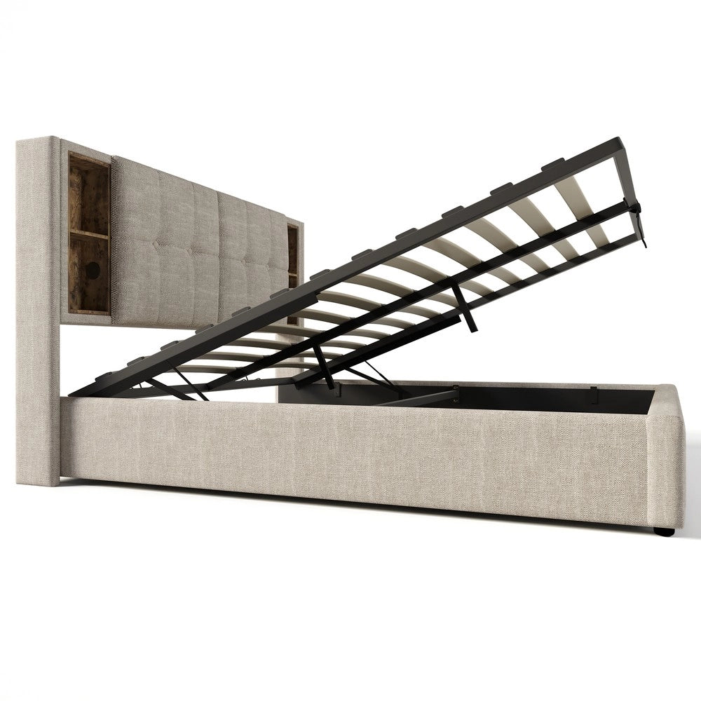 Letto Contenitore Matrimoniale Imbottito con Ricarica USB-C ¨C MINIMAL ¨C 140x200, Rete a Doghe in Legno