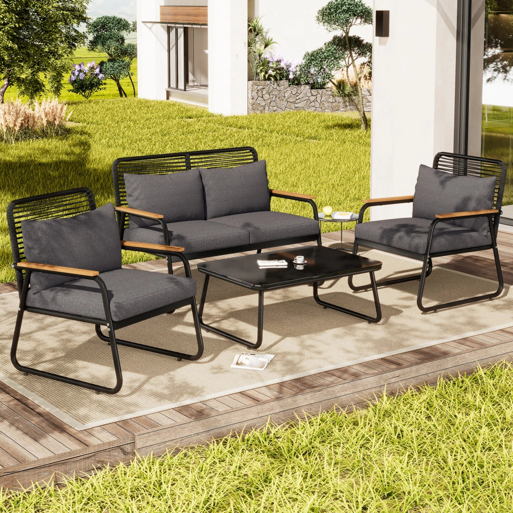 Salotto da Giardino con 1 Divano 2 Posti; 2 Poltrone e 1 Tavolino; Cuscini Inclusi; per 4 Persone; Metallo e Poliestere; Nero