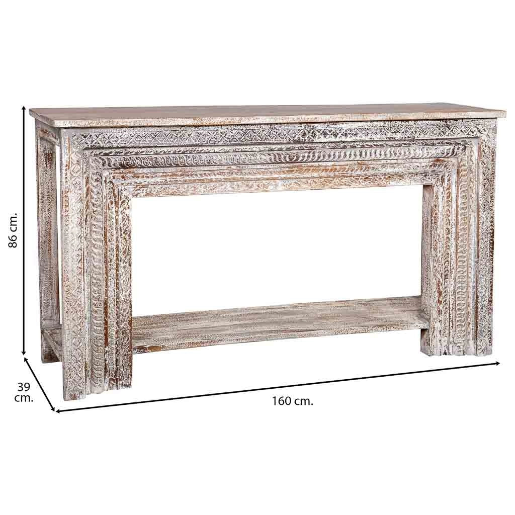 Mobile da ingresso in legno intagliato con finitura marrone invecchiato fatto a mano 160x39x86