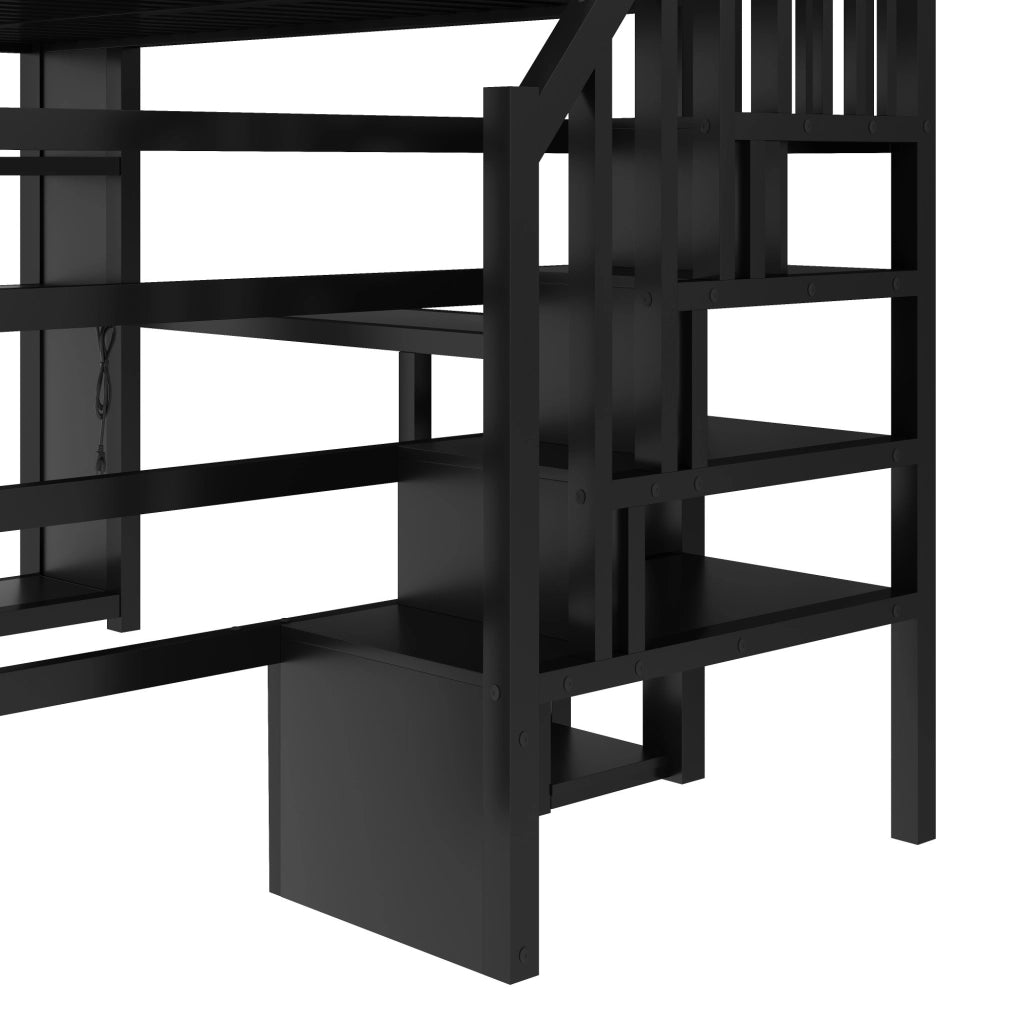 Letto a soppalco gaming 140x200 cm con scrivania; guardaroba aperto; scala contenitore; LED e USB; metallo nero