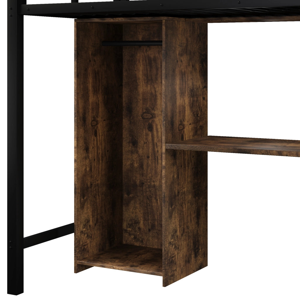 Letto a soppalco ULEVR 90x200 cm con armadio, scrivania e gradini contenitore, metallo e MDF nero