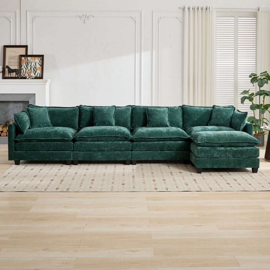 Divano modulare 4 posti in ciniglia con cuscini ergonomici e seduta a doppio strato, per soggiorno e appartamento, verde