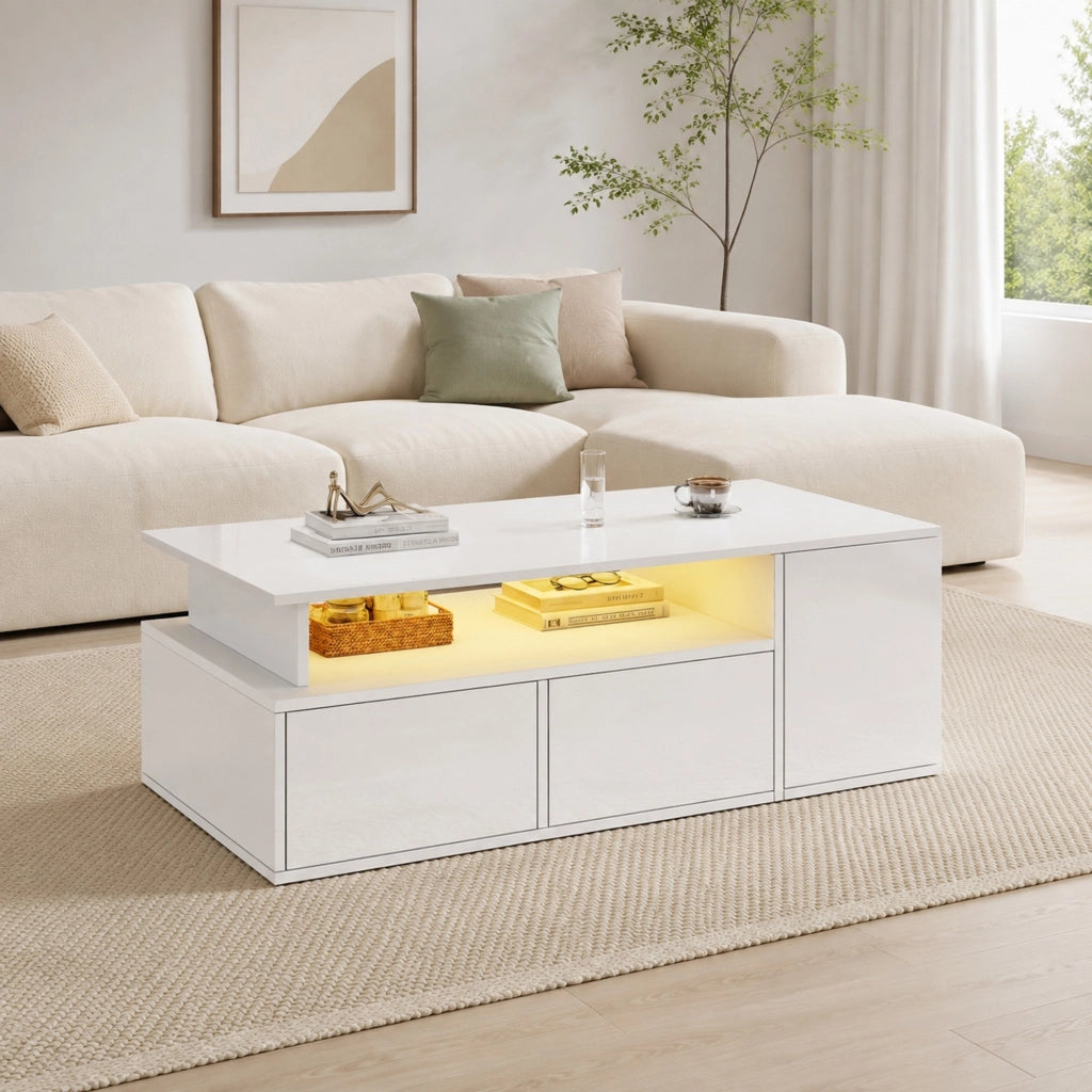 Tavolino da caffè LED bianco 100x50x35 cm con 2 cassetti e vani laterali