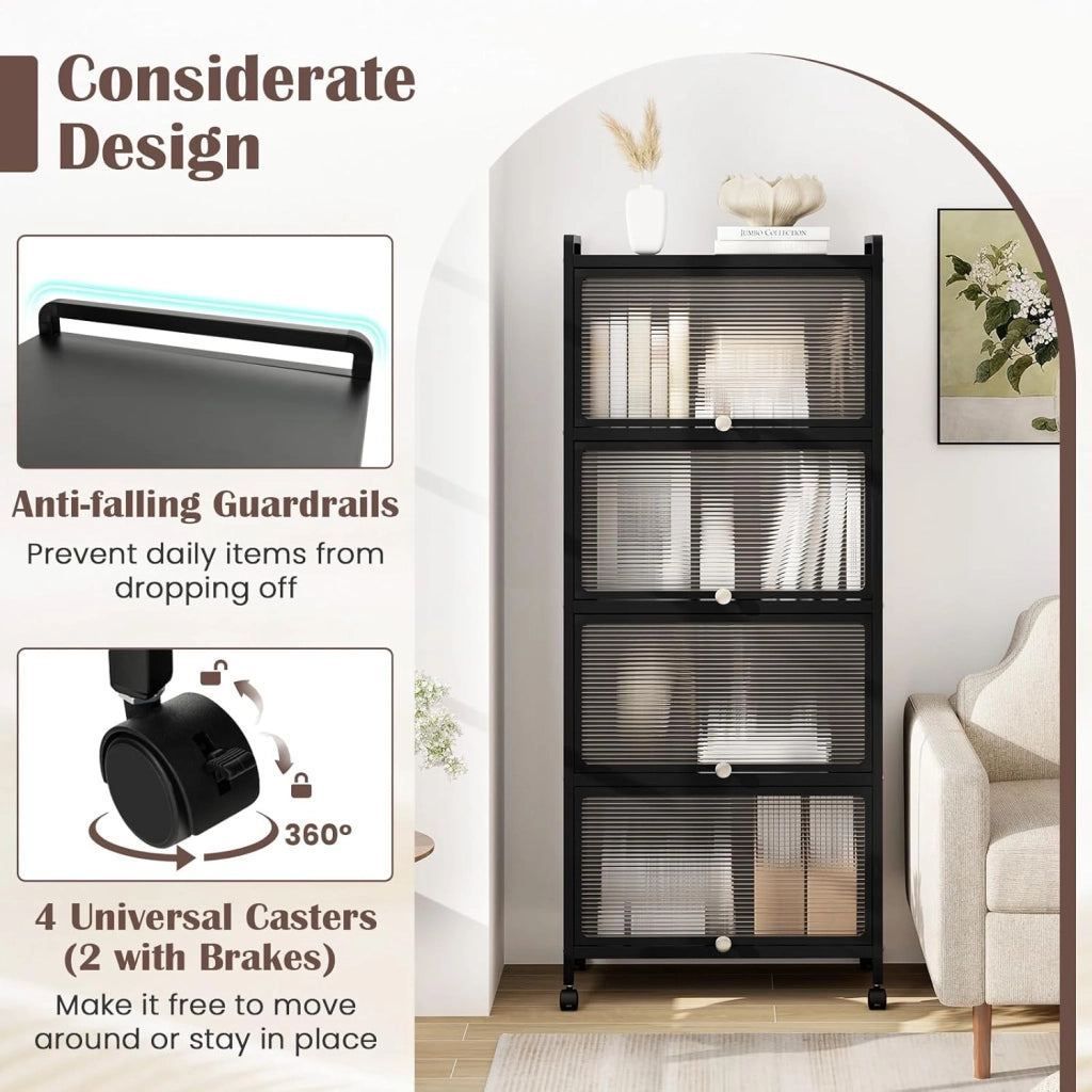 Credenza Cucina a 5 Livelli, Scaffale da Cucina in Piedi su Ruote, Mobile Cucina Dispensa con Ante in PC, con Protezione Antiribaltamento, 60 x 32 x 154 cm, 3 Colori (Nero)
