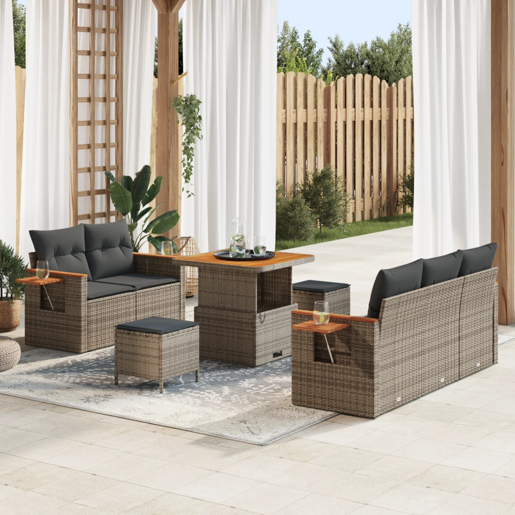 Set di Divani da Giardino da 8 Pezzi con Cuscini Grigio Polyrattan Acacia
