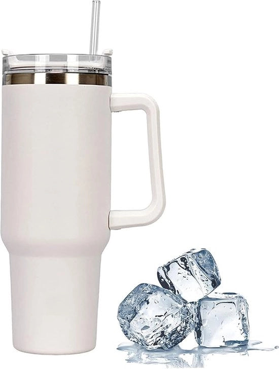 Caffè in movimento con coperchio e maniglia, capacità 1182 ml in acciaio inossidabile, tazza a doppia parete e isolata in vuoto, per caffè caldo e freddo, tazza per caffè da viaggio con maniglia, bianca