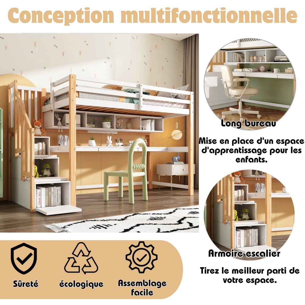 Letto a Soppalco Letto Singolo con Scala Contenitore; Scrivania e Scaffali; 90 x 200 cm; senza Materasso; Bianco e Rovere
