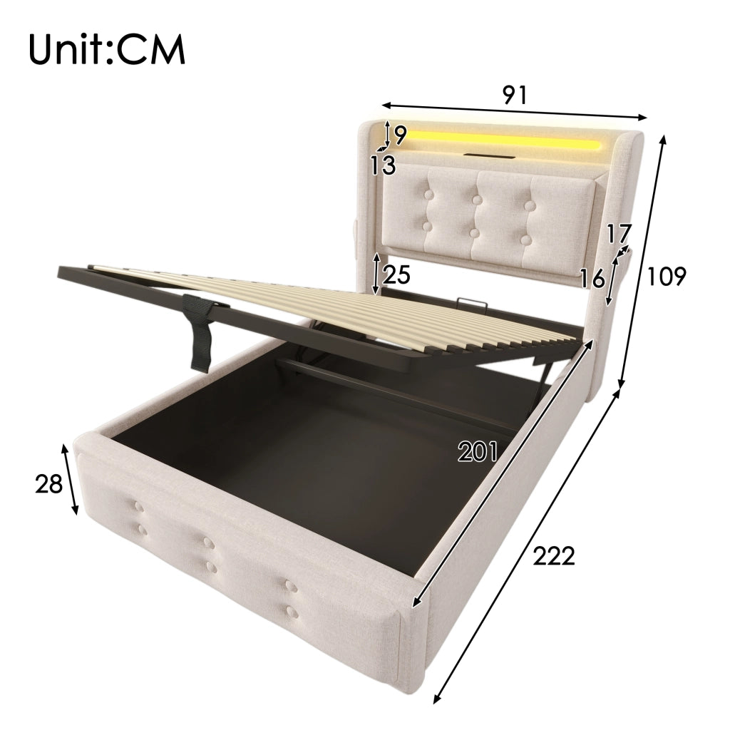 Letto Contenitore Letto Singolo 90×200 cm con USB; USB-C e LED; senza Materasso; Beige