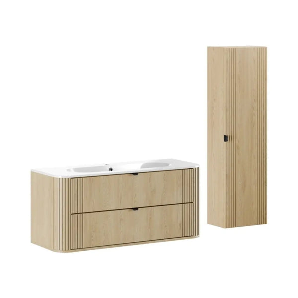 Set da bagno KORI: mobile sotto lavabo 120cm + lavabo da incasso + colonna di storage