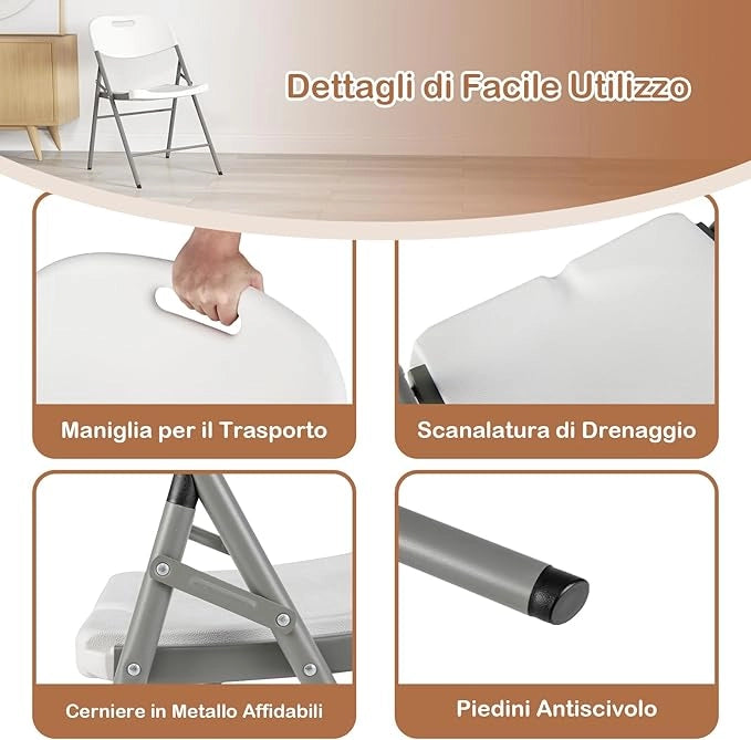 Set di 4 Sedie Pieghevoli con Struttura in Metallo, Sedie da Pranzo Salvaspazio con Antiscivoli, Sedie da Campeggio per Interno ed Esterno, 58 cm x 45 cm x 84 cm (Bianco)