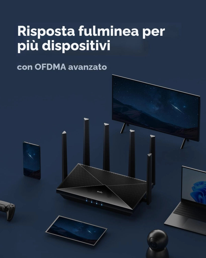 Router Cudy BE6500 WiFi 7 Dual Band Gigabit Gaming, 6500 Mbps, client e server VPN, compatibile con Cudy Mesh e APP, CPU Broadcom quad-core da 2 GHz, WR6500