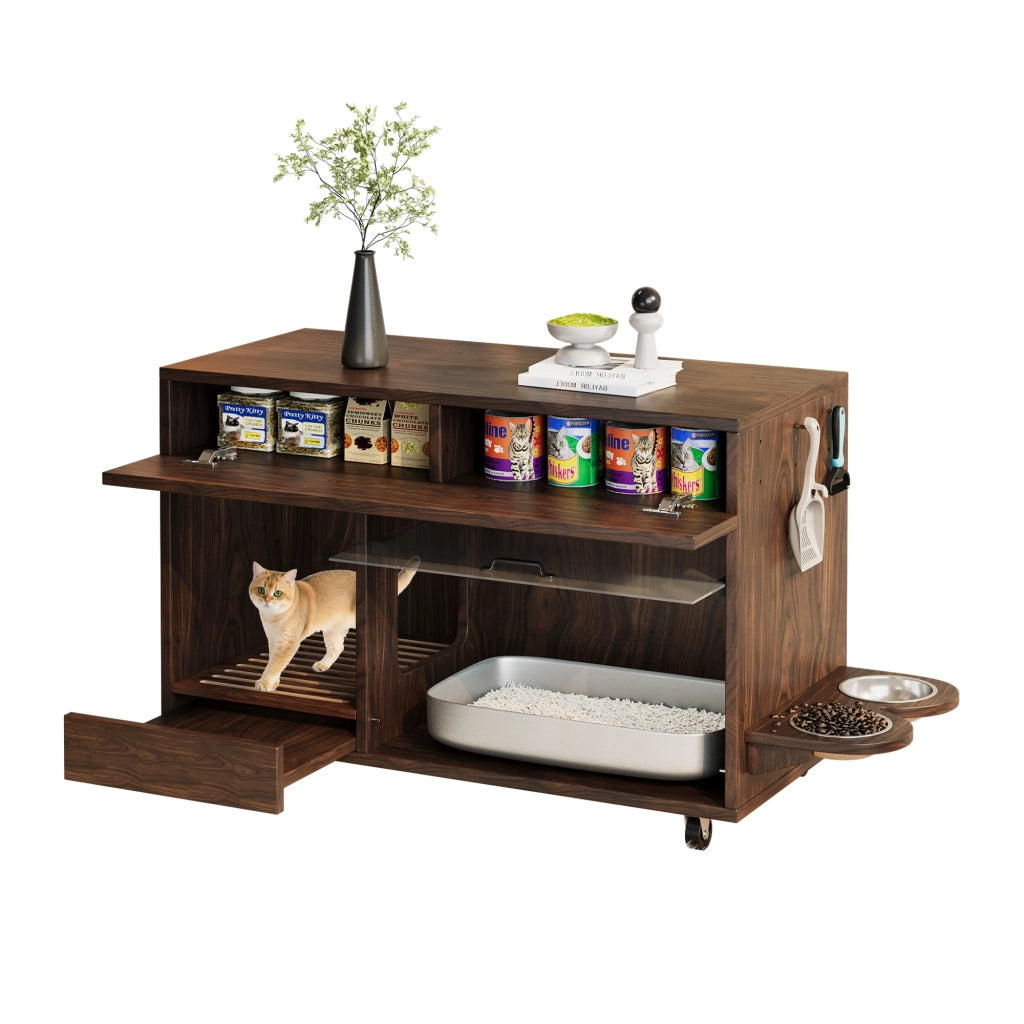 Mobile per lettiera per gatti con sportello in acrilico e cassetti, 100 x 45,5 x 67 cm, colore noce
