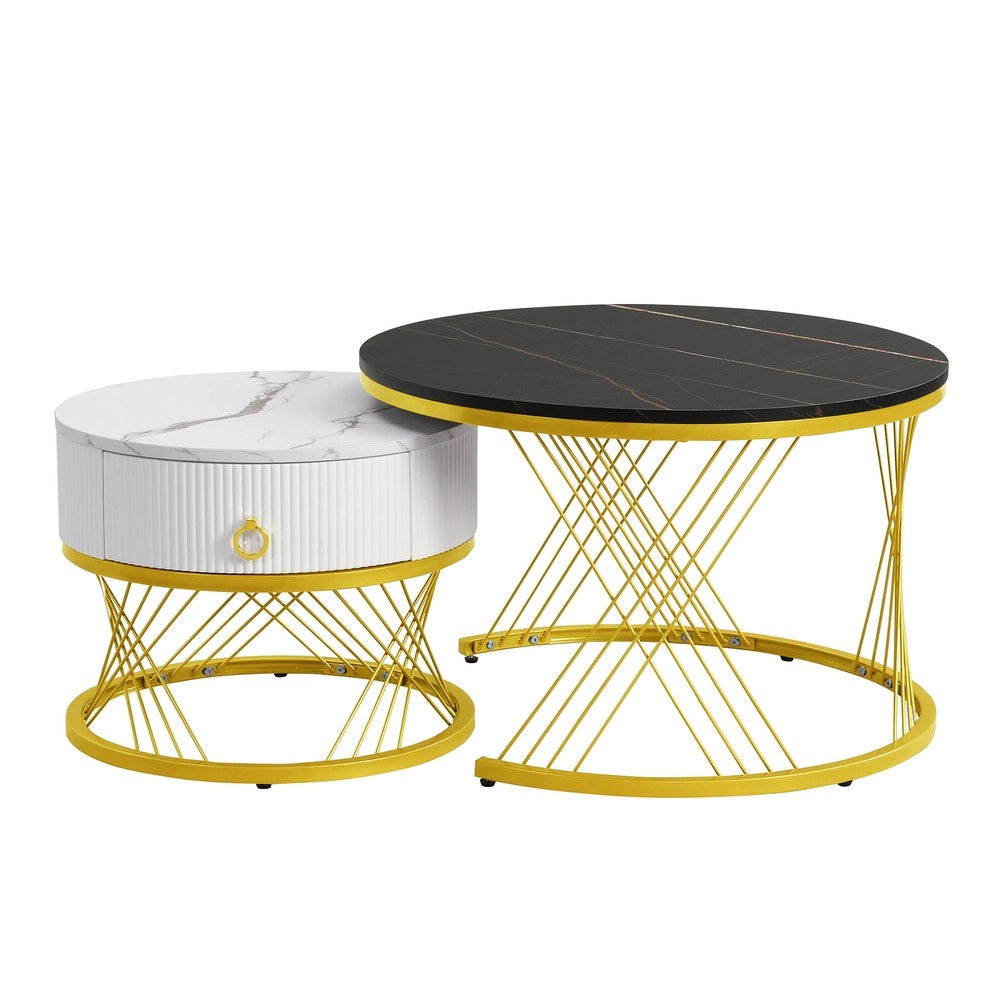 Tavolino da Caff¨¨ Set 2 pezzi ¨C Xylo ¨C Effetto Marmo, Decoro Oro, Cassetti
