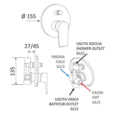 MONOCOMANDO INCASSO DOCCIA CON DEVIATORE LINEA ARTIC- Nero Opaco- MARIA- pezzi 1