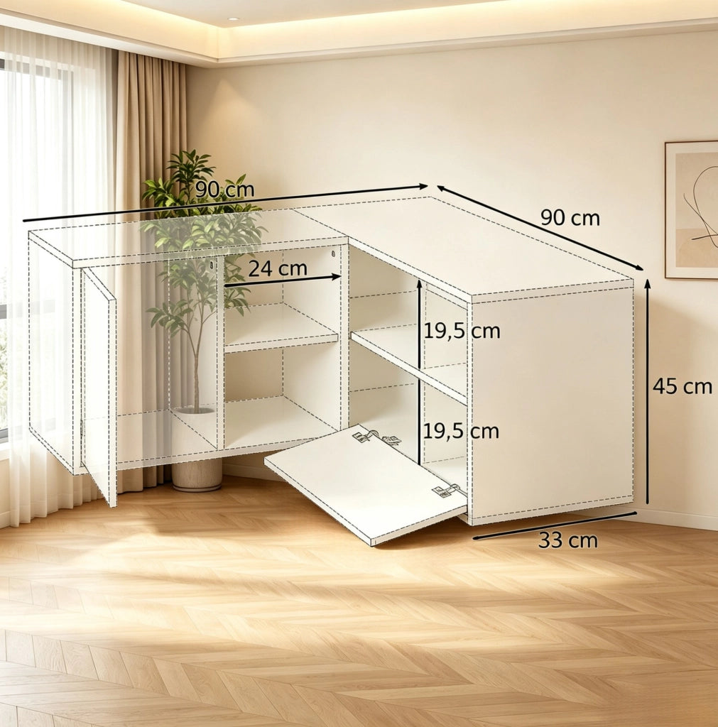 Mobile TV angolare con 5 vani, bianco e legno chiaro