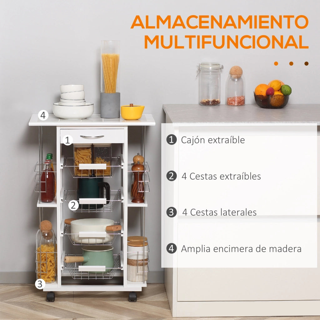 Carrello da cucina con cassetto, cesti e ripiani laterali ¨C zephmum ¨C bianco 57x37x83