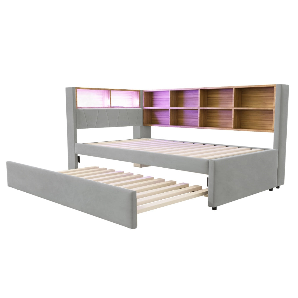 Divano letto multifunzionale 90x200 cm con letto estraibile 90x190 cm, luci LED, prese multimediali, vani contenitore, flanella, grigio chiaro